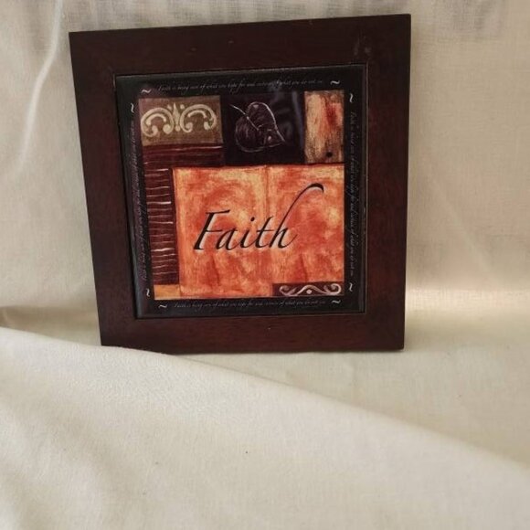 8" Square Faith Ceramic Tile Wall Plaque Brown Wood Frame Warm Colors - Picture 8 of 10